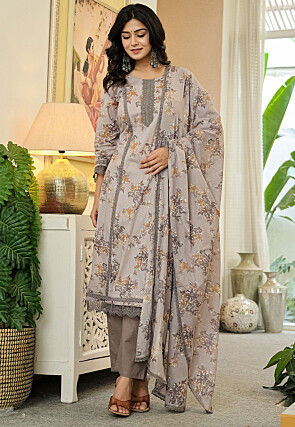 Digital Printed Pure Cotton Pakistani Suit in Grey