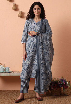 Digital Printed Pure Cotton Pakistani Suit in Grey