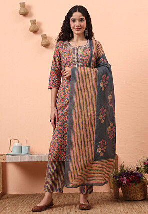 Digital Printed Pure Cotton Pakistani Suit in Grey