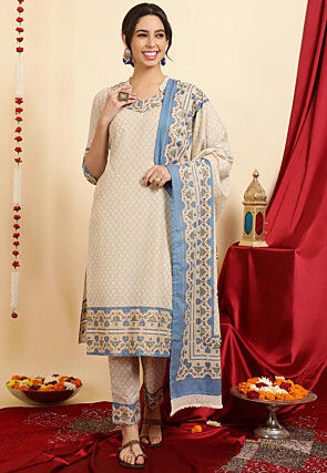 Digital Printed Pure Cotton Pakistani Suit in Light Beige