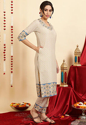 Digital Printed Pure Cotton Pakistani Suit in Light Beige