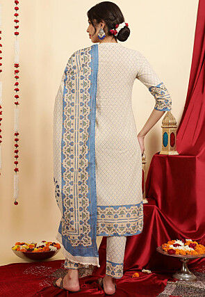 Digital Printed Pure Cotton Pakistani Suit in Light Beige