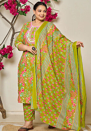 Digital Printed Pure Cotton Pakistani Suit in Light Olive Green