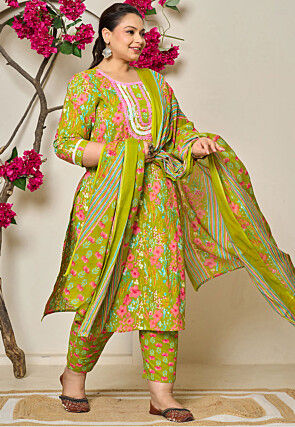 Digital Printed Pure Cotton Pakistani Suit in Light Olive Green