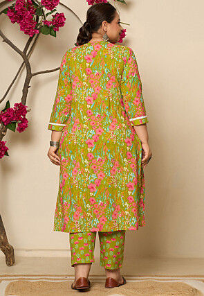 Digital Printed Pure Cotton Pakistani Suit in Light Olive Green