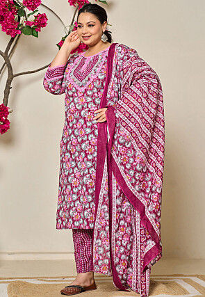 Digital Printed Pure Cotton Pakistani Suit in Magenta