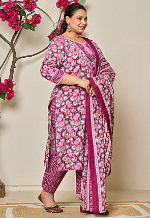 Digital Printed Pure Cotton Pakistani Suit in Magenta