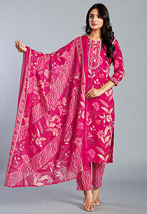 Digital Printed Pure Cotton Pakistani Suit in Magenta