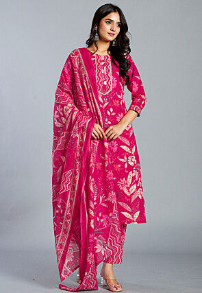 Digital Printed Pure Cotton Pakistani Suit in Magenta
