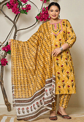 Digital Printed Pure Cotton Pakistani Suit in Mustard