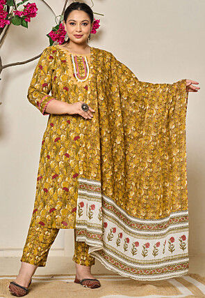 Digital Printed Pure Cotton Pakistani Suit in Mustard