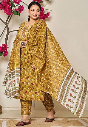 Digital Printed Pure Cotton Pakistani Suit in Mustard