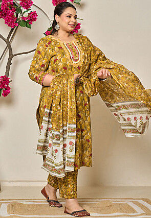 Digital Printed Pure Cotton Pakistani Suit in Mustard
