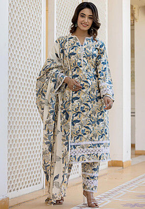 Digital Printed Pure Cotton Pakistani Suit in Off White