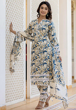 Digital Printed Pure Cotton Pakistani Suit in Off White