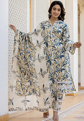 Digital Printed Pure Cotton Pakistani Suit in Off White