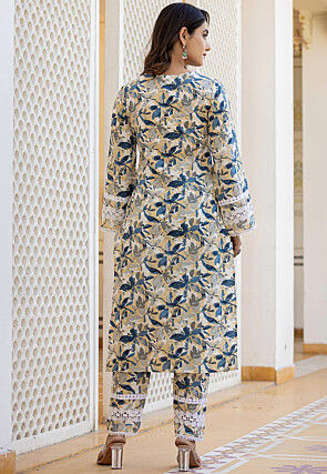 Digital Printed Pure Cotton Pakistani Suit in Off White