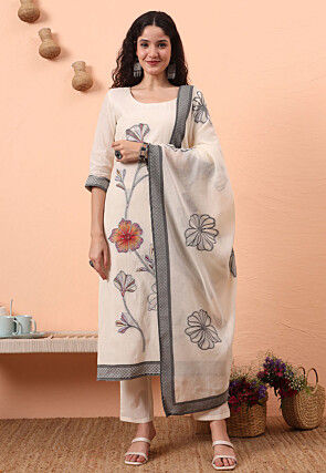 Digital Printed Pure Cotton Pakistani Suit in Off White