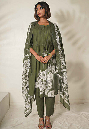 Digital Printed Pure Cotton Pakistani Suit in Olive Green