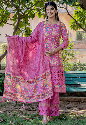 Digital Printed Pure Cotton Pakistani Suit in Pink