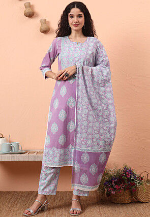 Digital Printed Pure Cotton Pakistani Suit in Purple