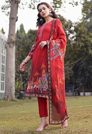 Digital Printed Pure Cotton Pakistani Suit in Red