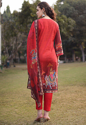 Digital Printed Pure Cotton Pakistani Suit in Red
