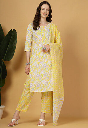 Digital Printed Pure Cotton Pakistani Suit in Yellow