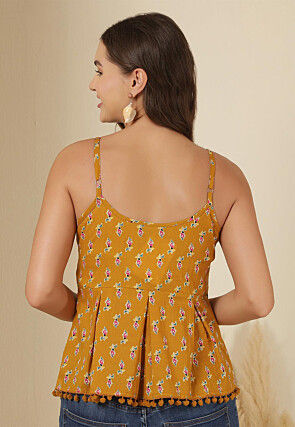 Digital Printed Pure Cotton Peplum Style Top in Mustard