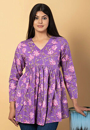 Digital Printed Pure Cotton Peplum Top in Purple