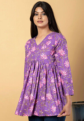Digital Printed Pure Cotton Peplum Top in Purple