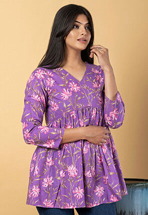 Digital Printed Pure Cotton Peplum Top in Purple