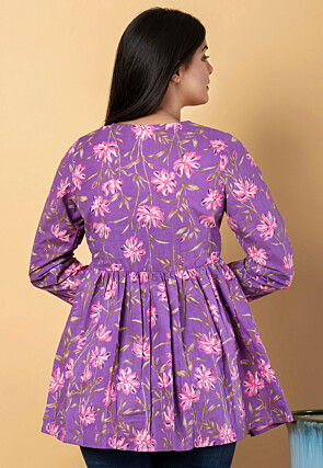 Digital Printed Pure Cotton Peplum Top in Purple