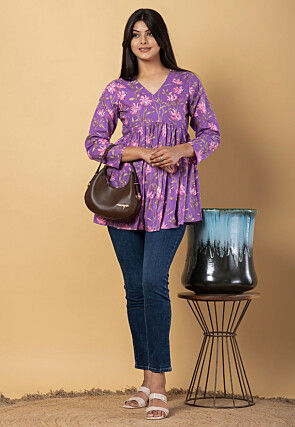 Digital Printed Pure Cotton Peplum Top in Purple