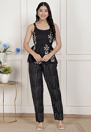 Digital Printed Pure Cotton Peplum Top Set in Black