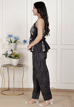 Digital Printed Pure Cotton Peplum Top Set in Black
