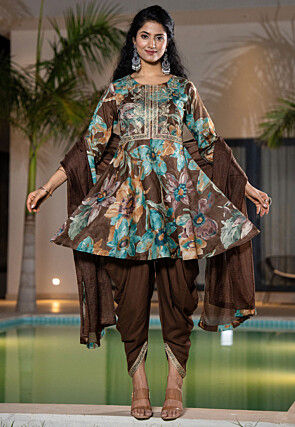 Digital Printed Pure Cotton Punjabi Suit in Dark Brown