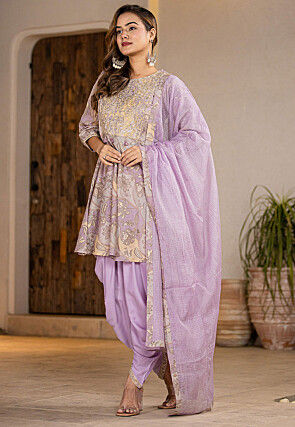 Digital Printed Pure Cotton Punjabi Suit in Light Purple