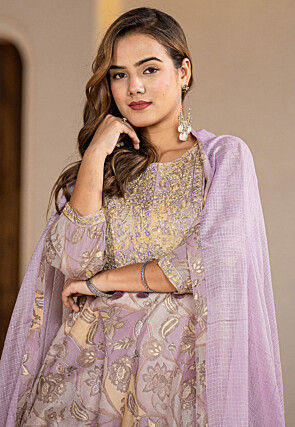 Digital Printed Pure Cotton Punjabi Suit in Light Purple