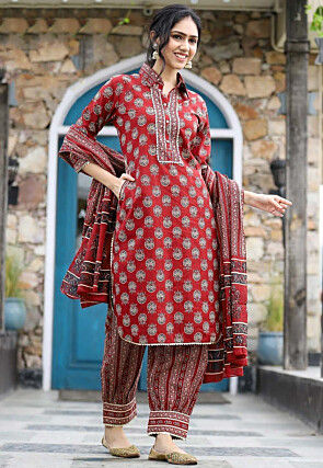 Digital printed Pure Cotton Punjabi Suit in Maroon