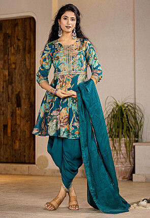 Digital Printed Pure Cotton Punjabi Suit in Teal Blue