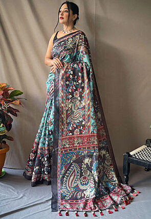 Digital Printed Pure Cotton Saree in Blue and Black