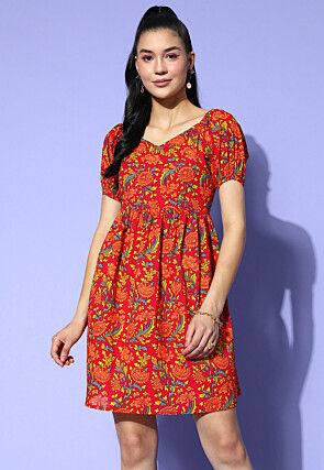 Digital Printed Pure Cotton Short Dress with Back Tie in Red