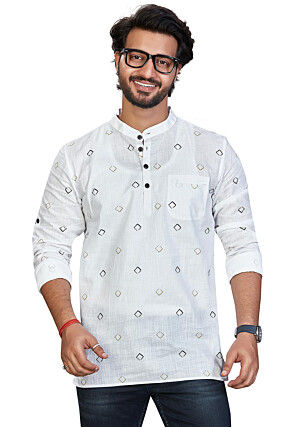Digital Printed Pure Cotton Short Kurta in Off White