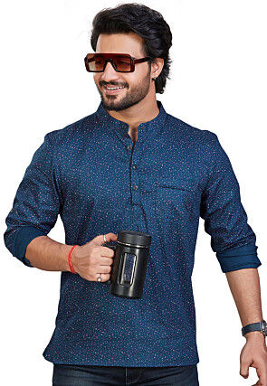 Digital Printed Pure Cotton Short Kurta in Teal Blue