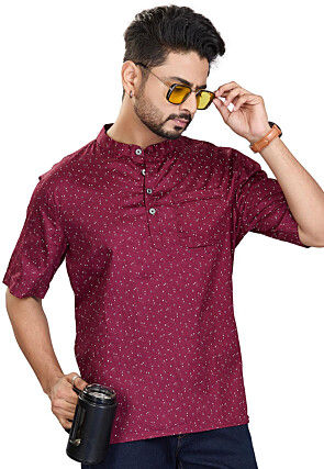 Digital Printed Pure Cotton Short Kurta in Wine