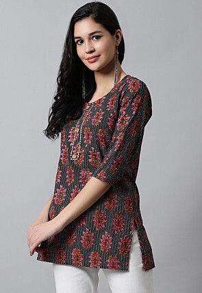 Digital Printed Pure Cotton Short Kurti in Black