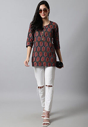 Digital Printed Pure Cotton Short Kurti in Black