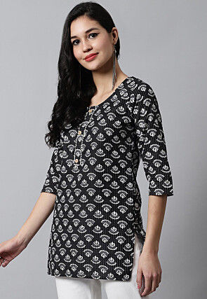 Digital Printed Pure Cotton Short Kurti in Black