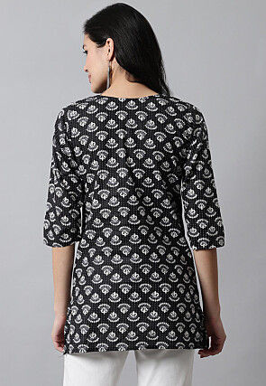 Digital Printed Pure Cotton Short Kurti in Black